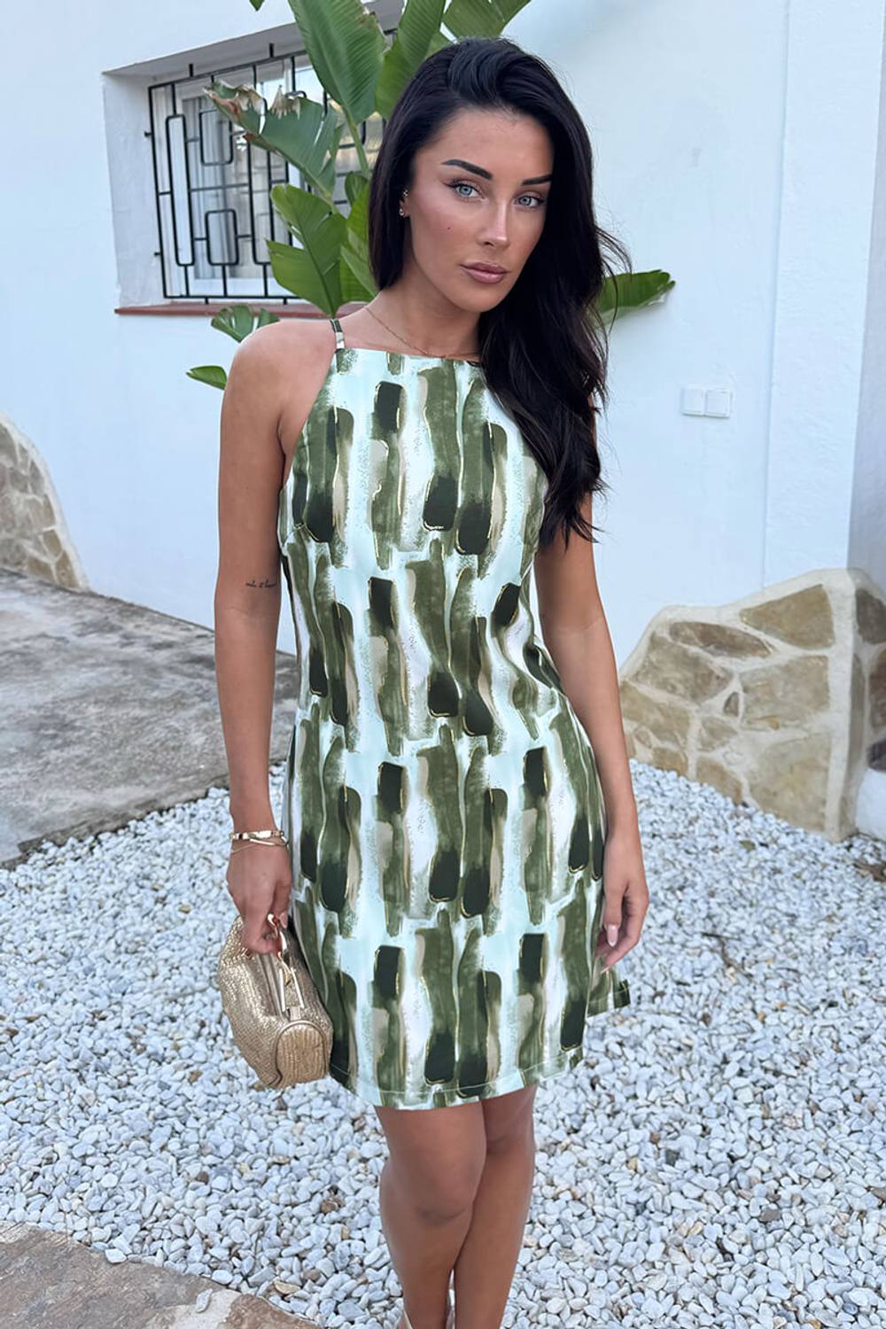 Ax Paris Khaki Brush Stroke Print Racer Neck Slip Mini Dress