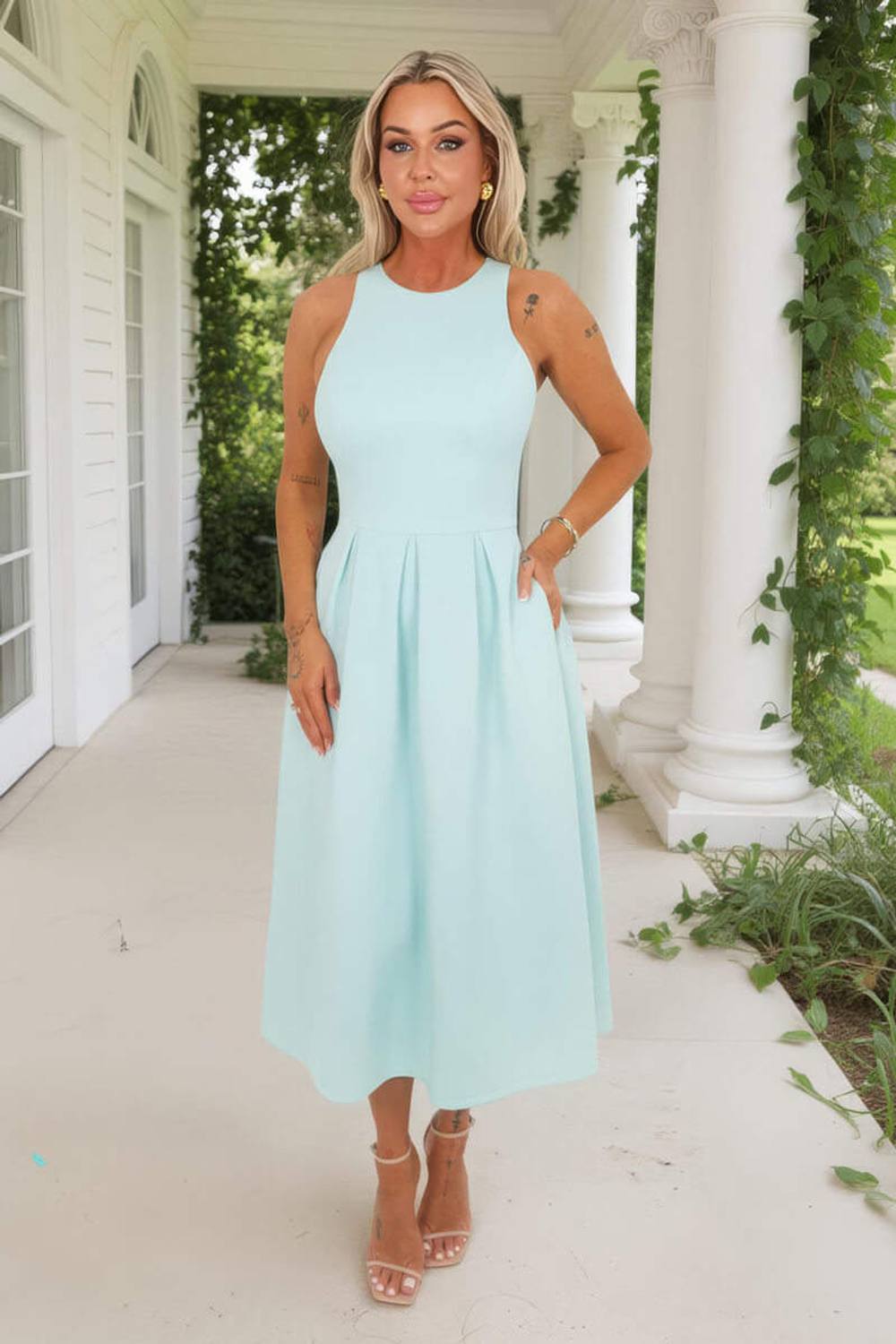 Ax Paris Mint Racer Neck Pleated Skirt Midi Dress
