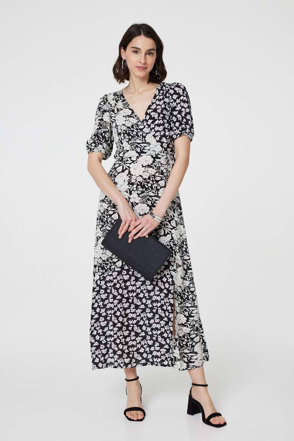 Izabel London Floral Sleeve Midi Wrap Dress In Black