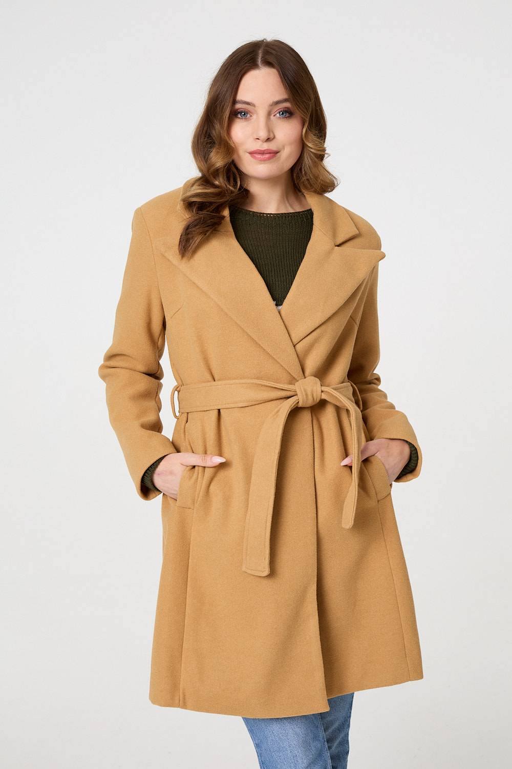 Izabel London Tie Waist Longline Trench Coat In Brown