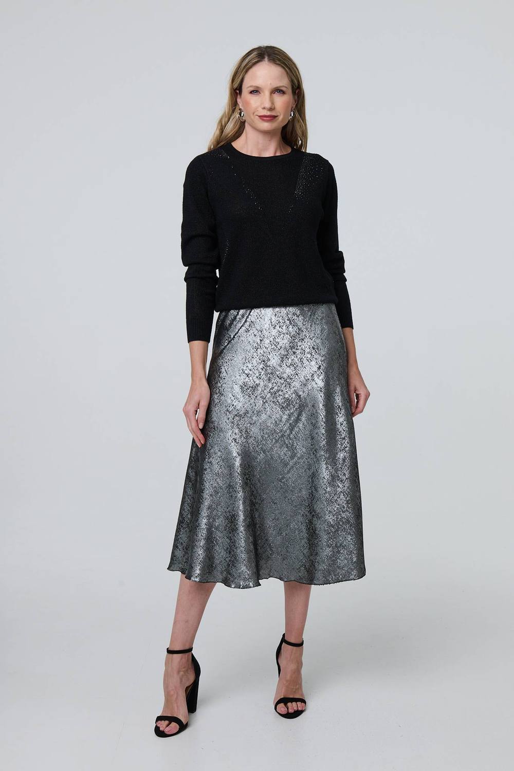 Izabel London Metallic A-Line Midi Slip Skirt In Silver