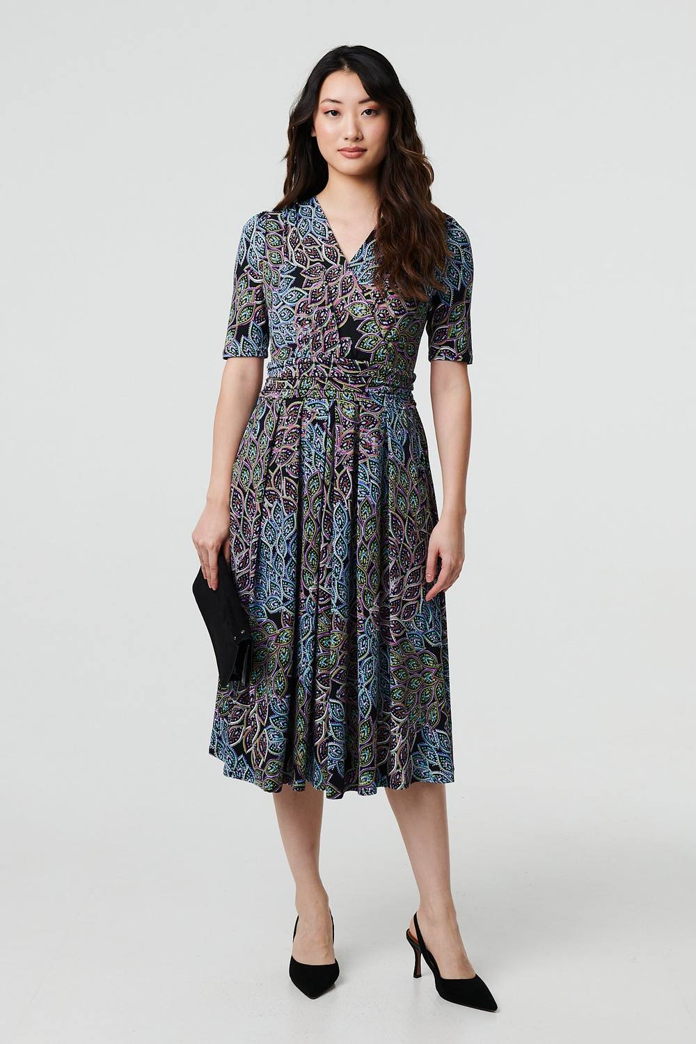 Izabel London Leaf Print Sleeve Faux Wrap Midi Dress In Blue