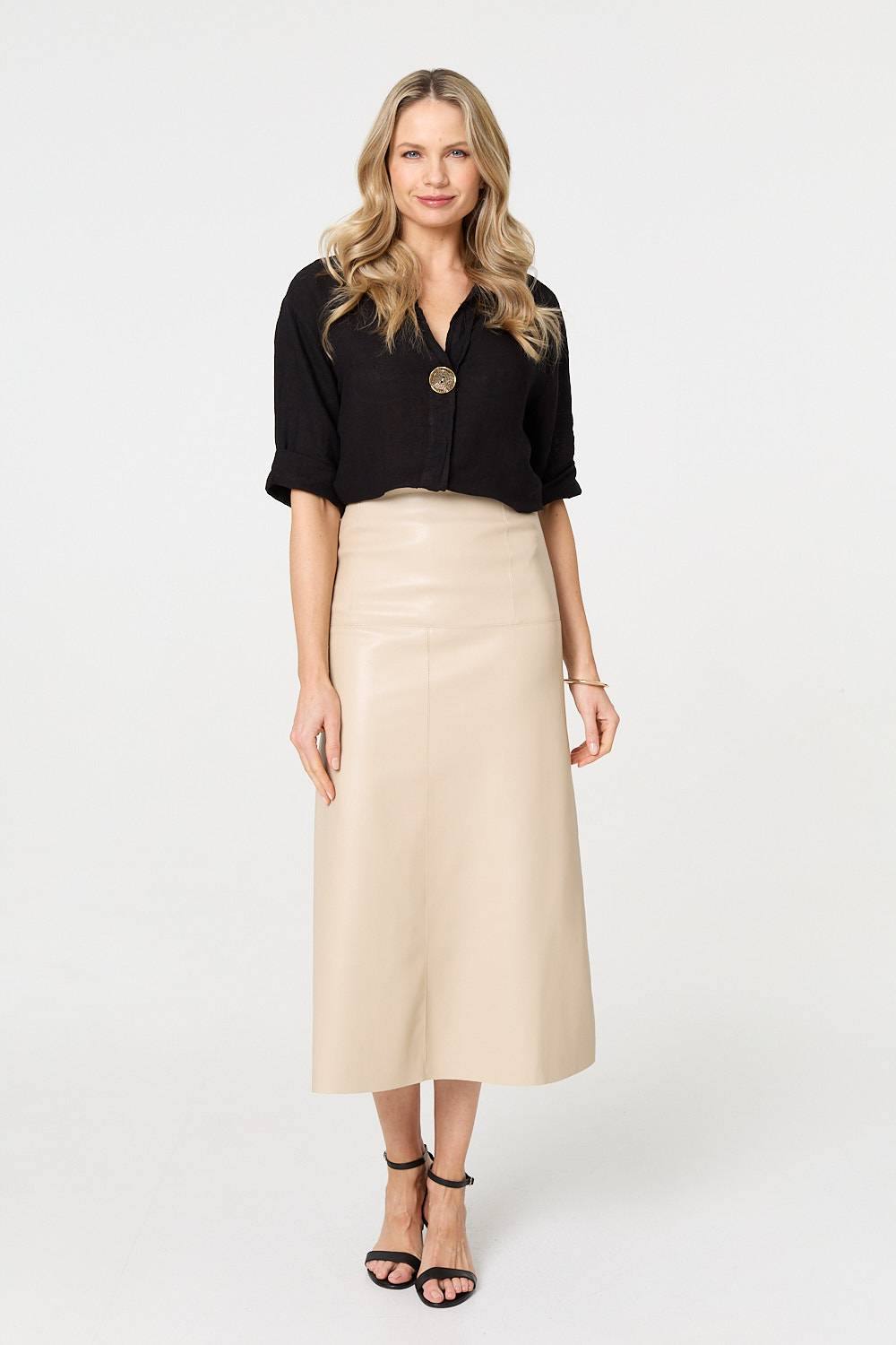 Izabel London Faux Leather High Waist Midi Skirt In Beige
