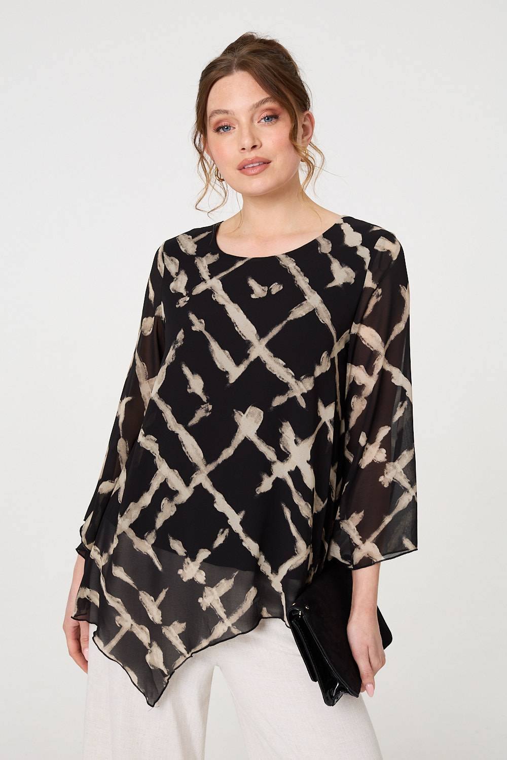 Izabel London Printed Asymmetric Semi Sheer Tunic Top In Black