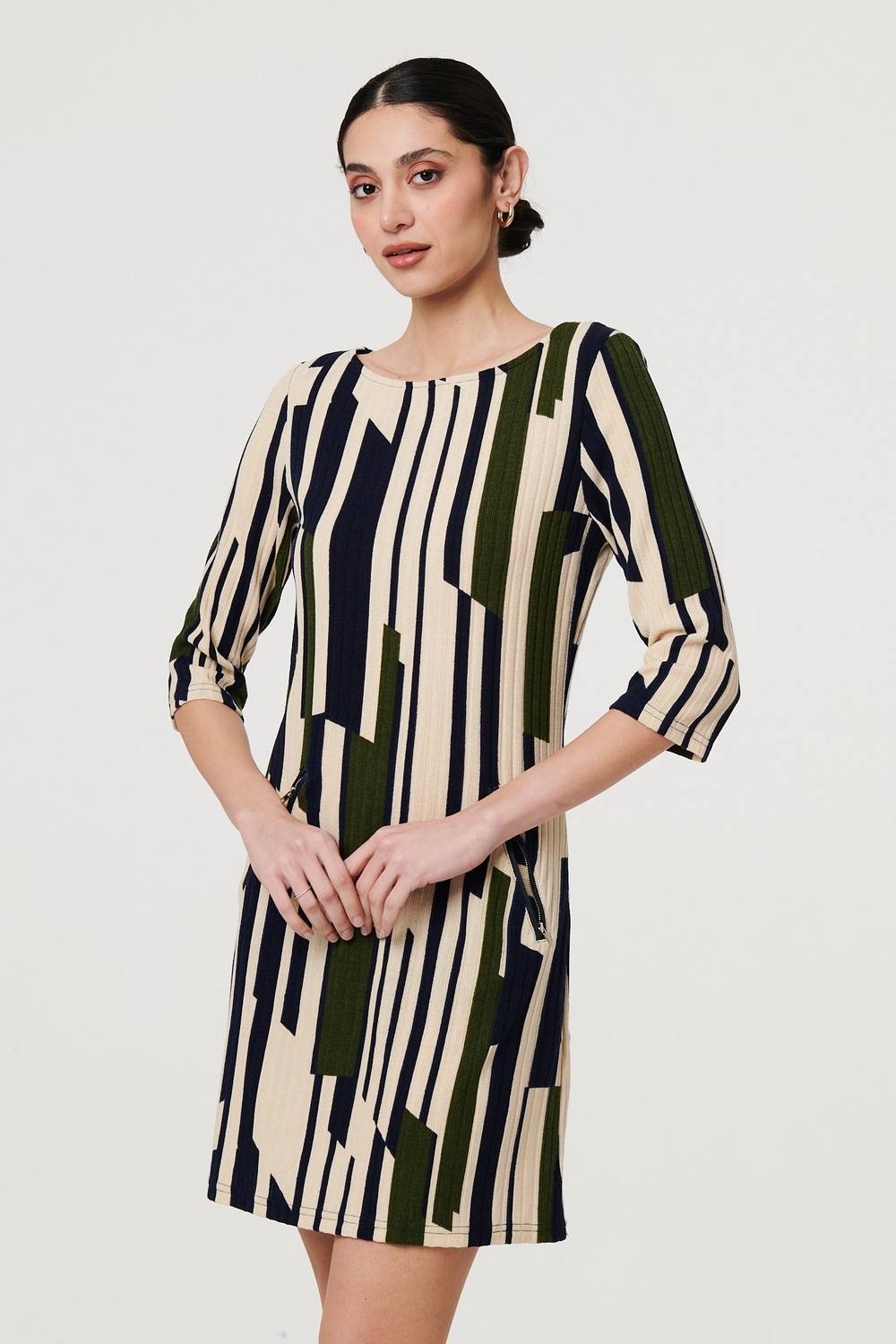Izabel London Printed Stripe Texture Short Shift Dress In Nude