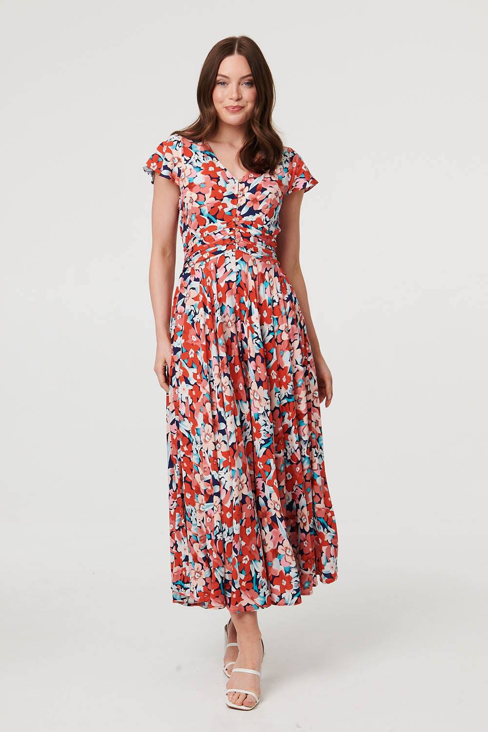 Izabel London Ruched Tie Back Cap Sleeve Maxi Dress In Orange