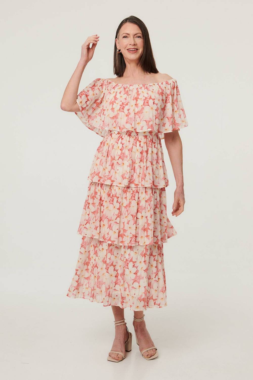 Izabel London Floral Texture Tiered Midi Dress In Pink