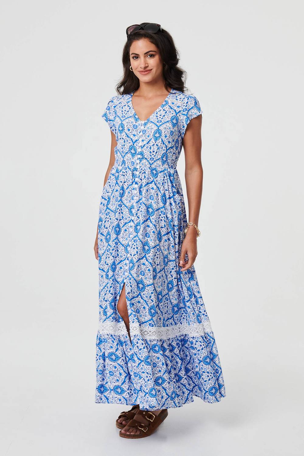Izabel London Mosaic Print Cap Sleeve Maxi Dress In Blue