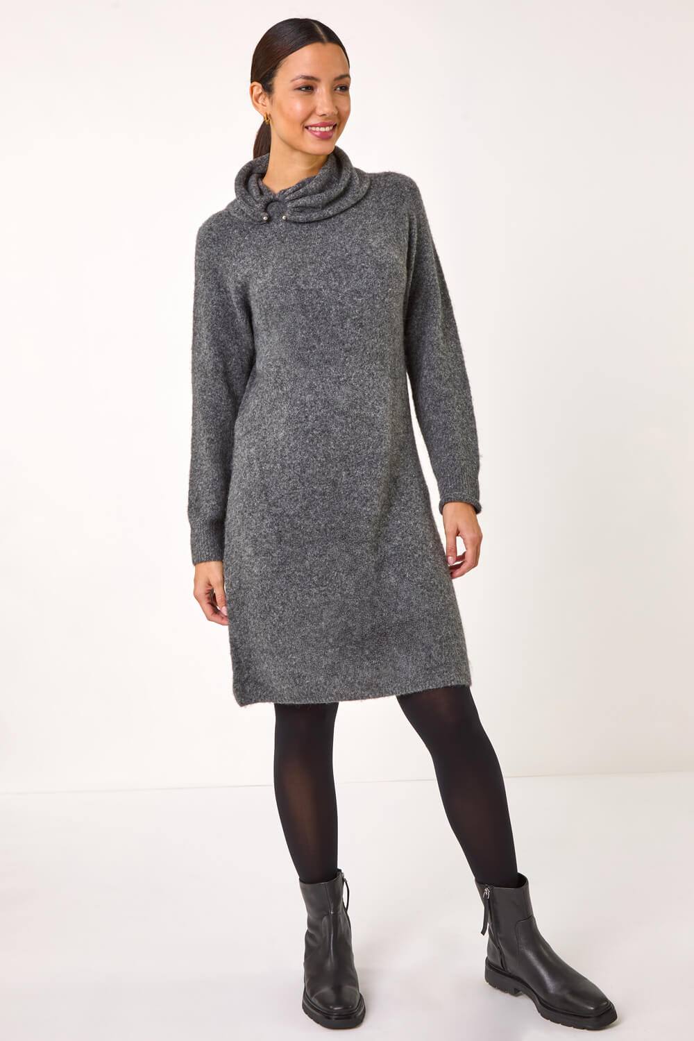 Roman Ring Neck Detail Knitted Dress In Dark Grey