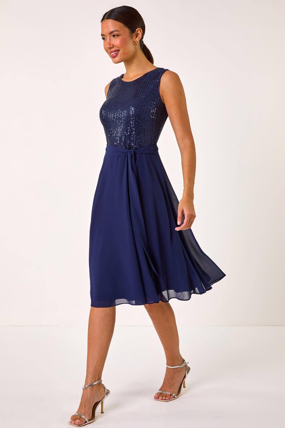 Roman Sequin Bodice Belted Chiffon Dress In Navy