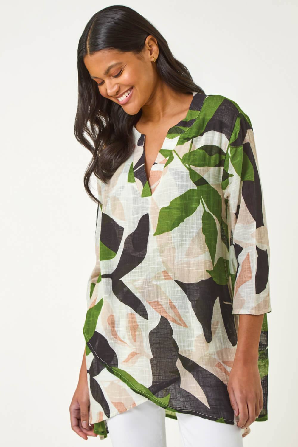 Roman Leaf Print Wrap Front Tunic Top In Green