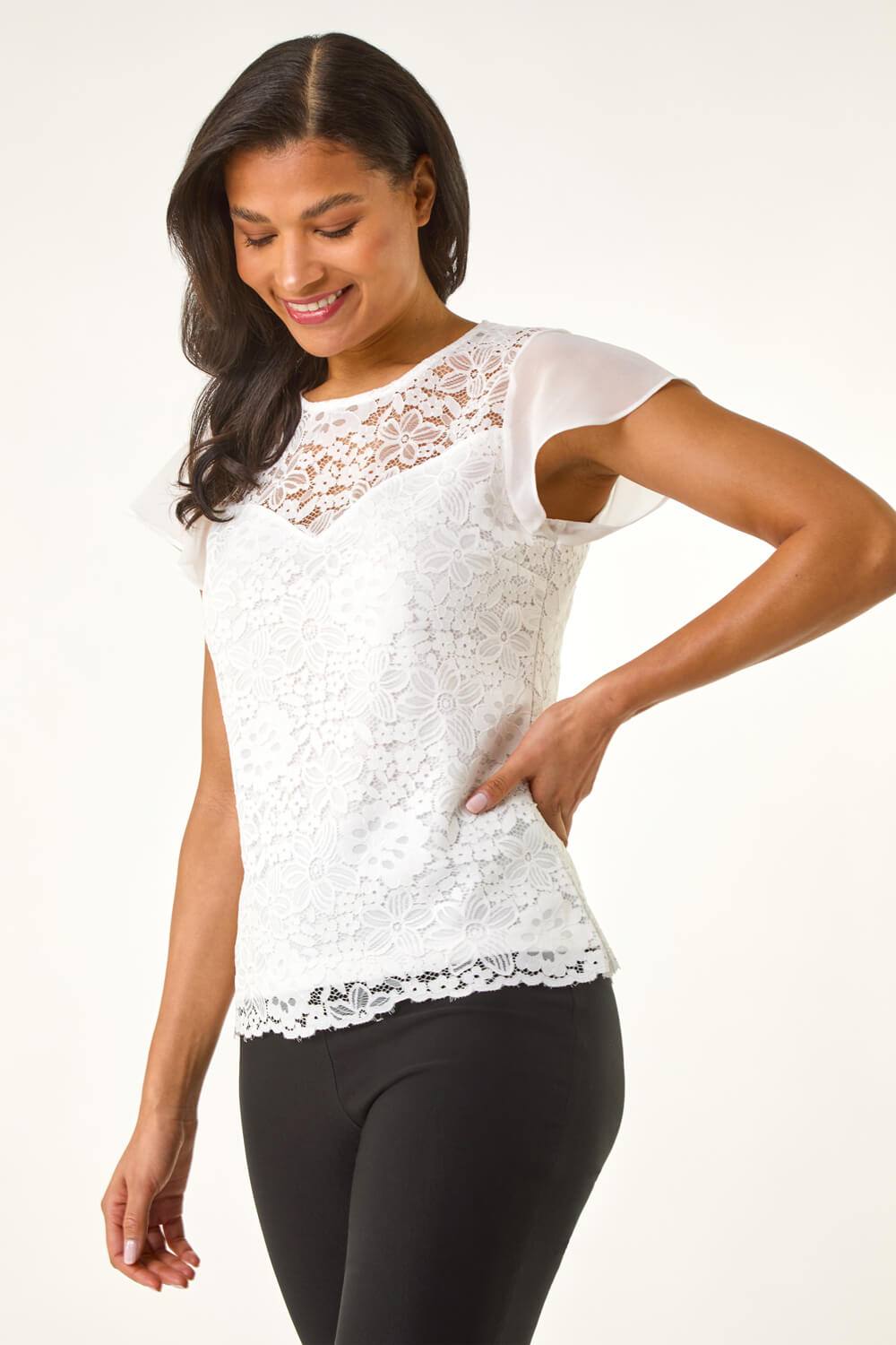 Roman Chiffon Sleeve Floral Lace Top In Ivory