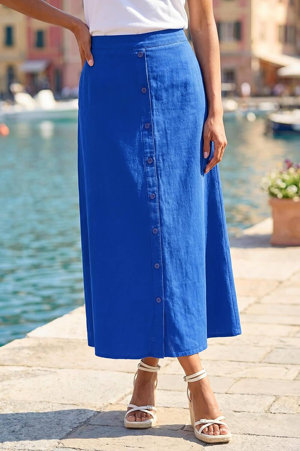 Roman Linen Button Pencil Midi Skirt In Navy