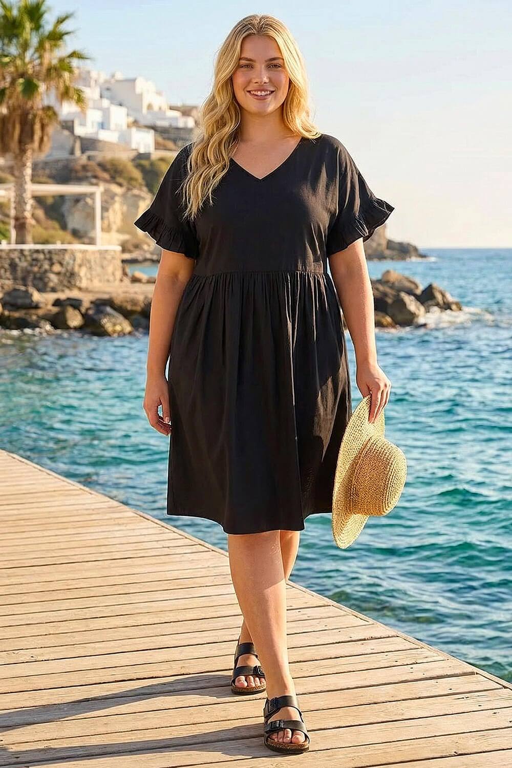Roman Curve Cotton V-Neck Frill Dress In Black