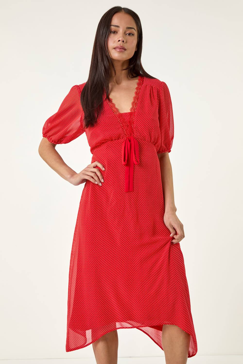 Roman Petite Spot Print Lace Bow Midi Dress In Red
