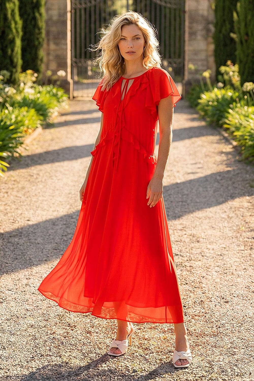 Roman Frill Tie Neck Maxi Dress In Red