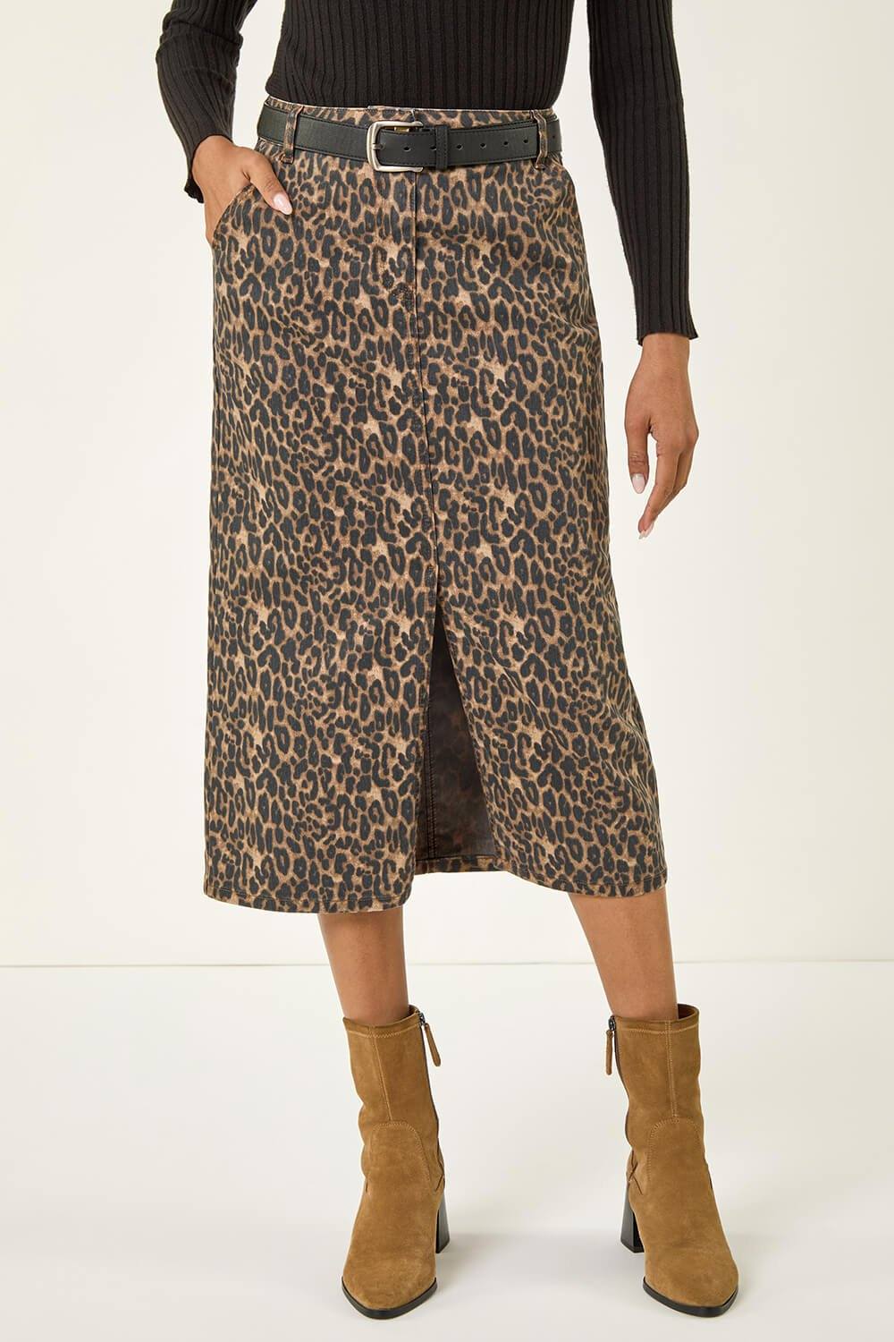Roman Animal Print Stretch Midi Skirt In Brown