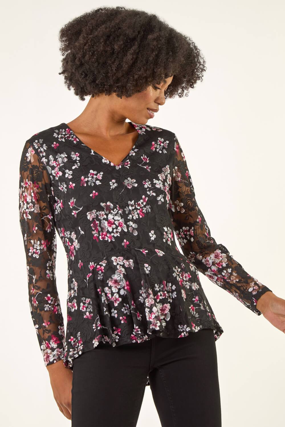 Roman Printed Mesh V-Neck Top In Black