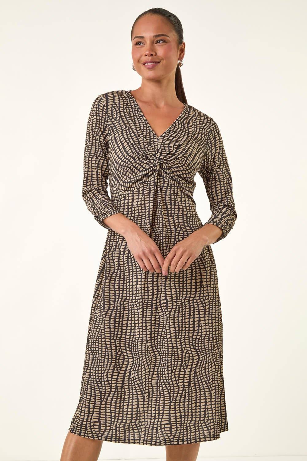 Roman Petite Abstract Twist Front Dress In Dark Brown