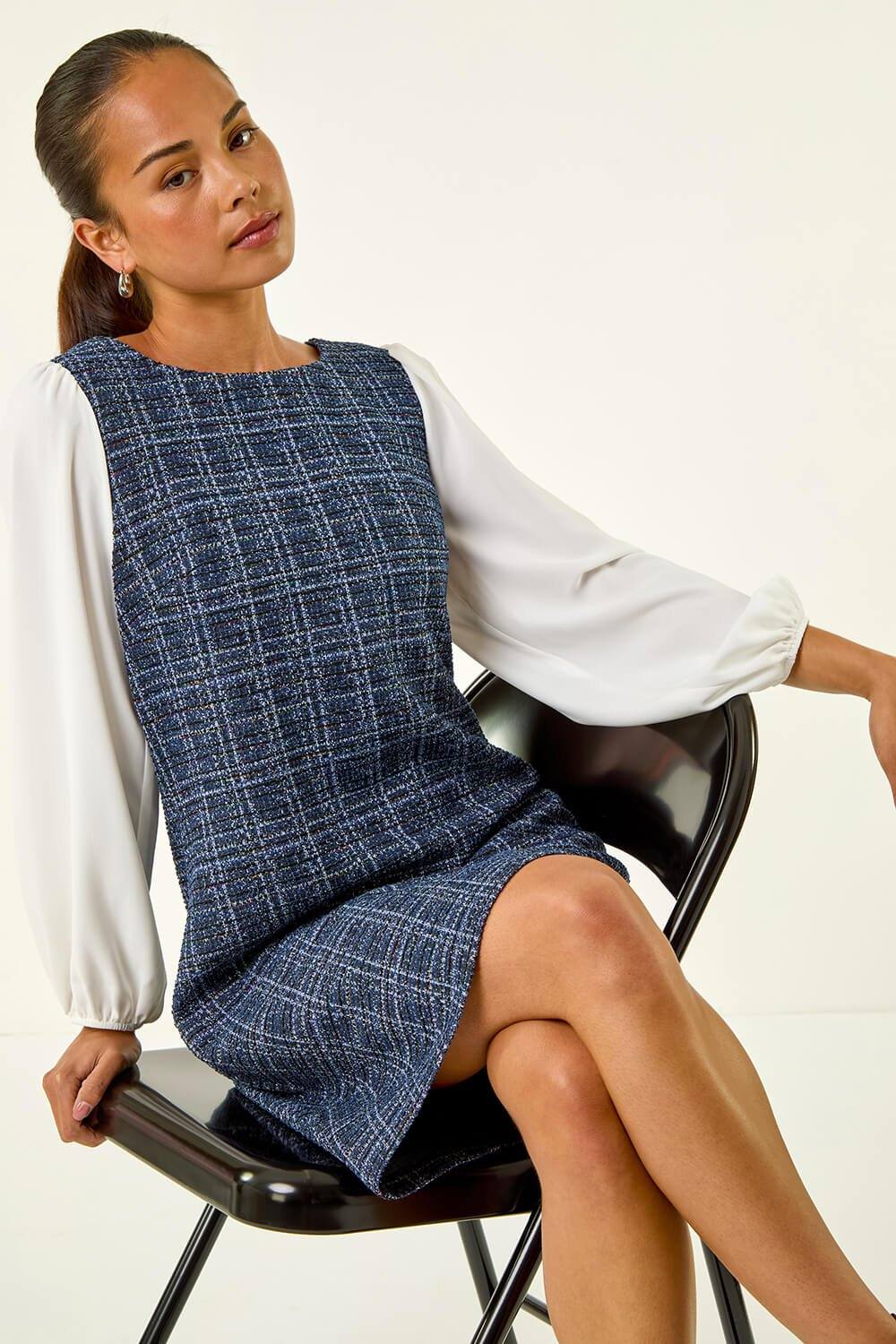Roman Petite Boucle Contrast Sleeve Dress In Navy