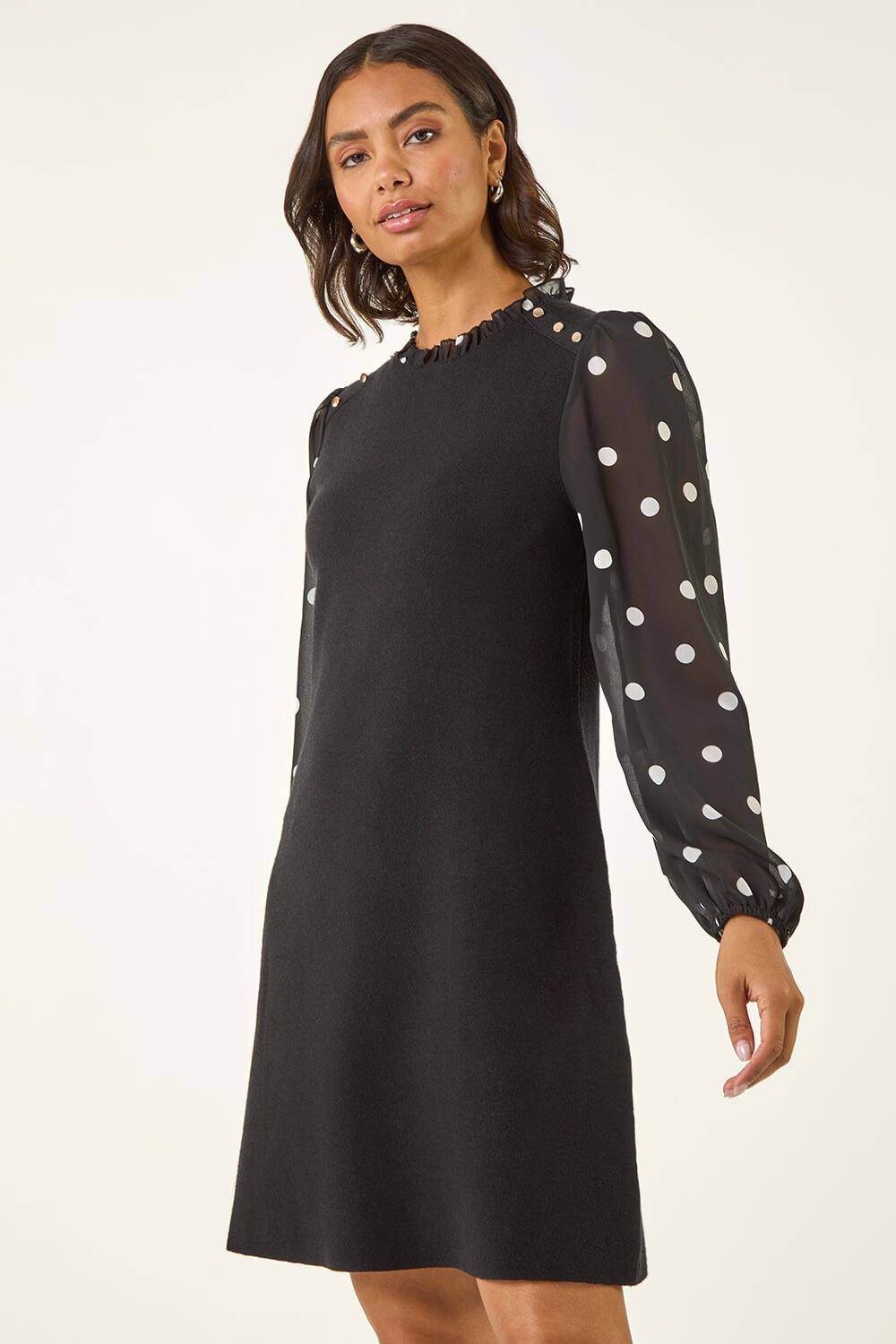 Roman Spot Print Frill Knitted Dress In Black