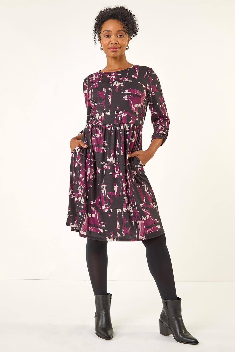 Roman Petite Abstract Gathered Stretch Dress