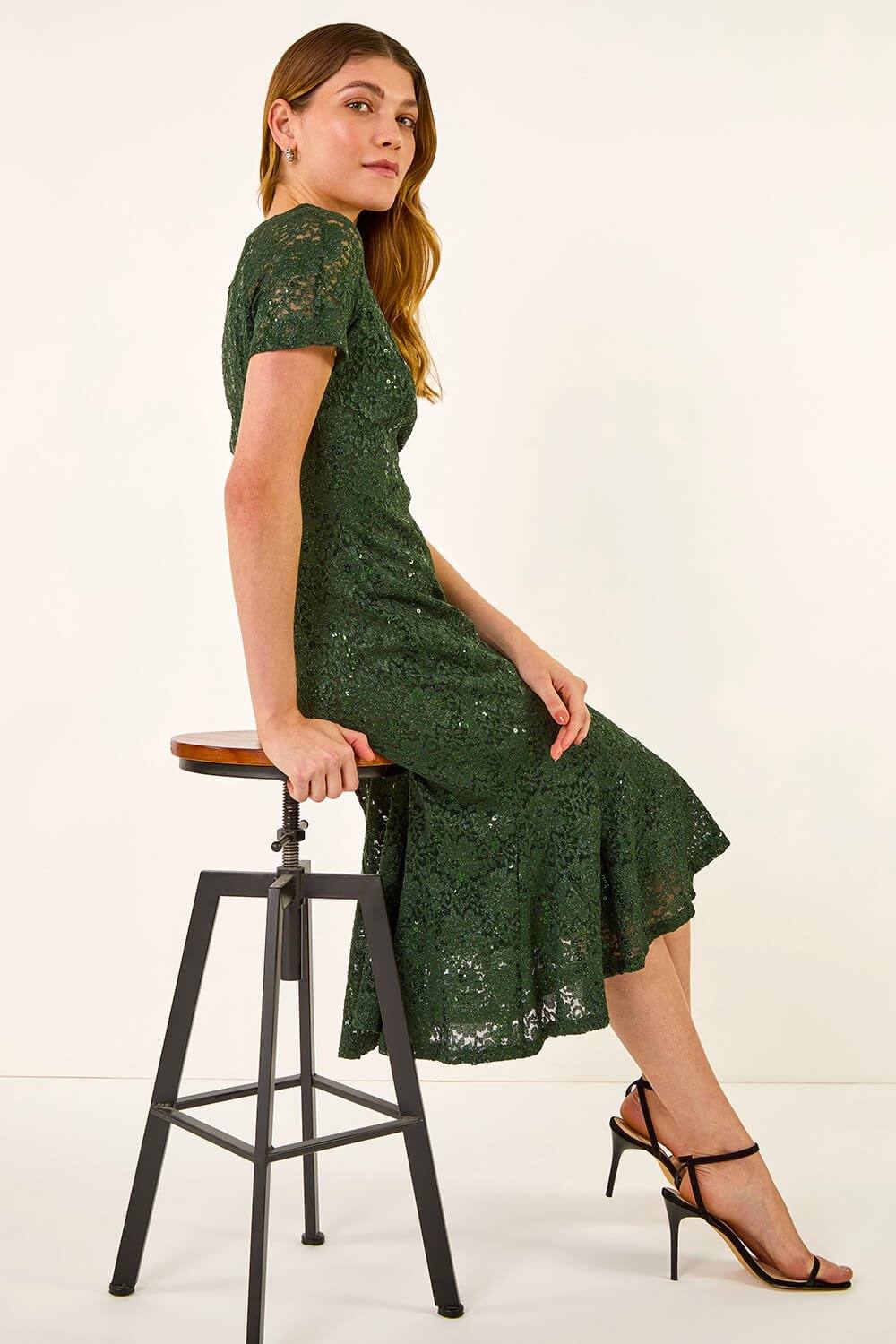 Roman Leaf Lace Sequin Midi Dress In Green