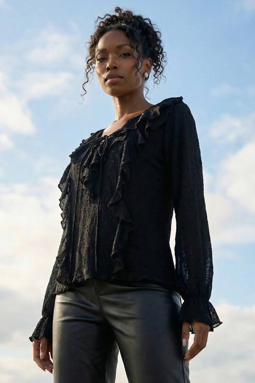 Roman Lace Ruffle Front Top In Black