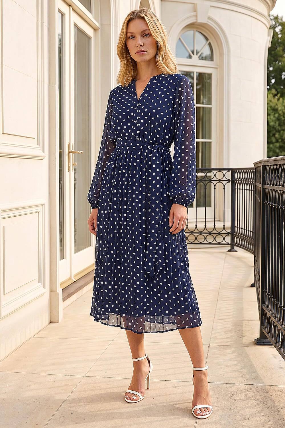 Roman Polka Dot Pleated Midi Dress In Navy
