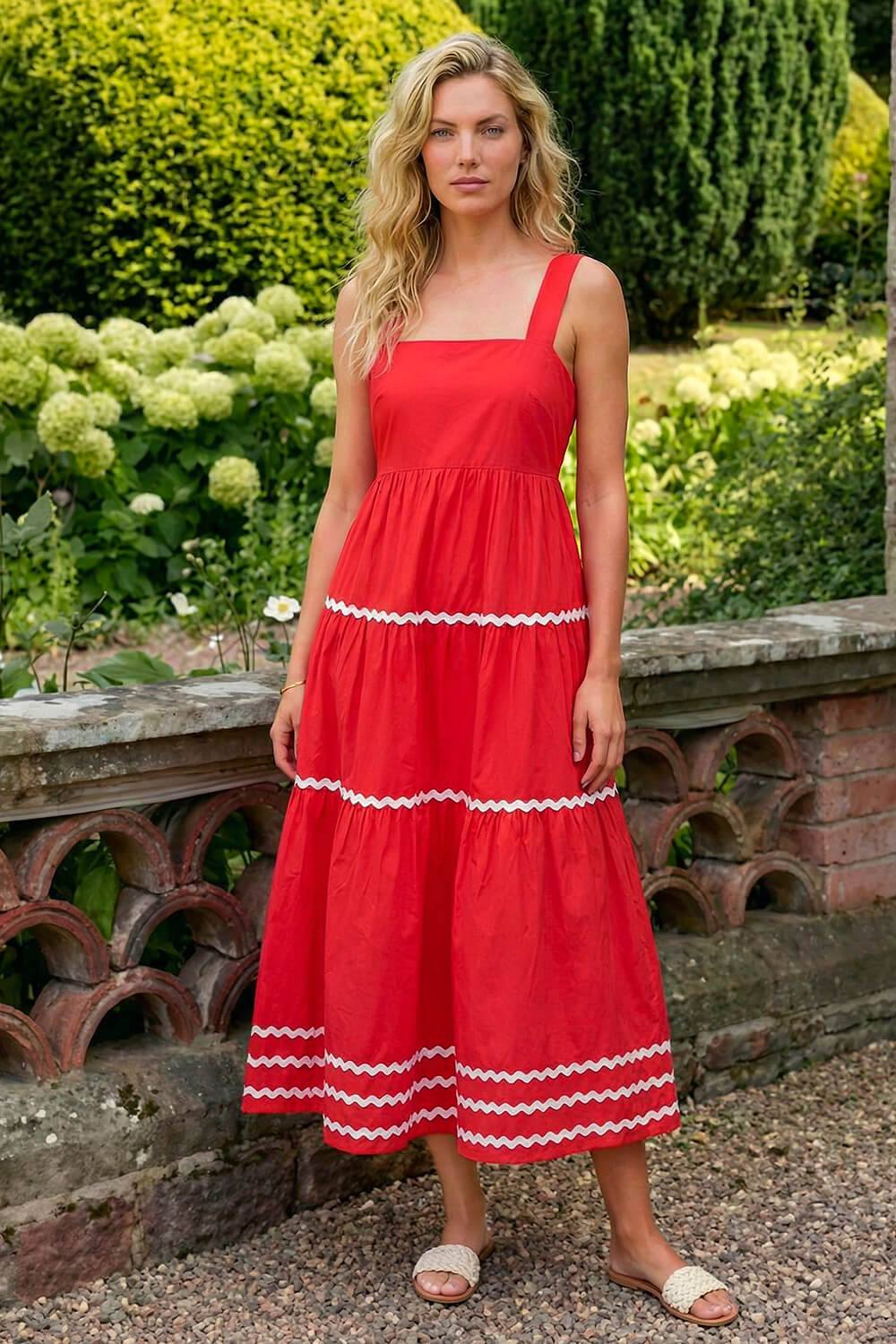 Roman Ric Rac Tiered Midi Dress In Coral