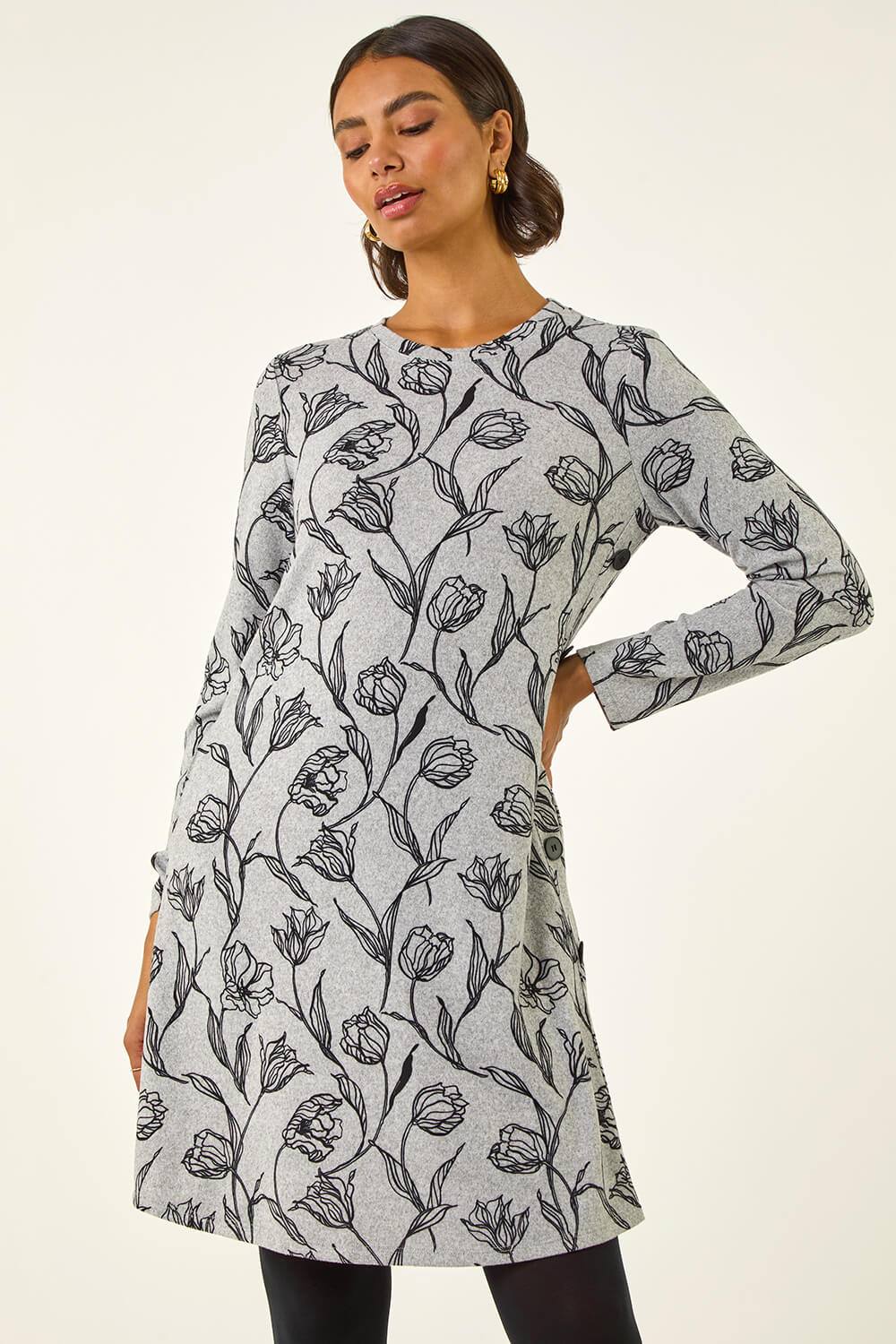 Roman Floral Print Side Button Stretch Dress In Grey