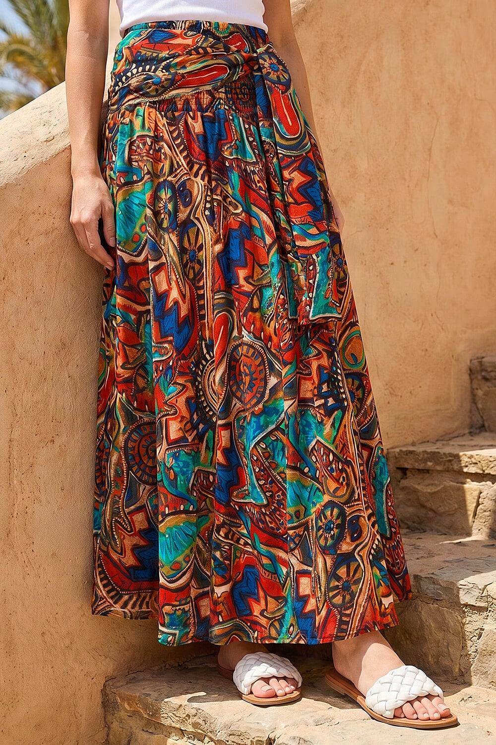 Roman Abstract Print Belted Maxi Skirt In Orange