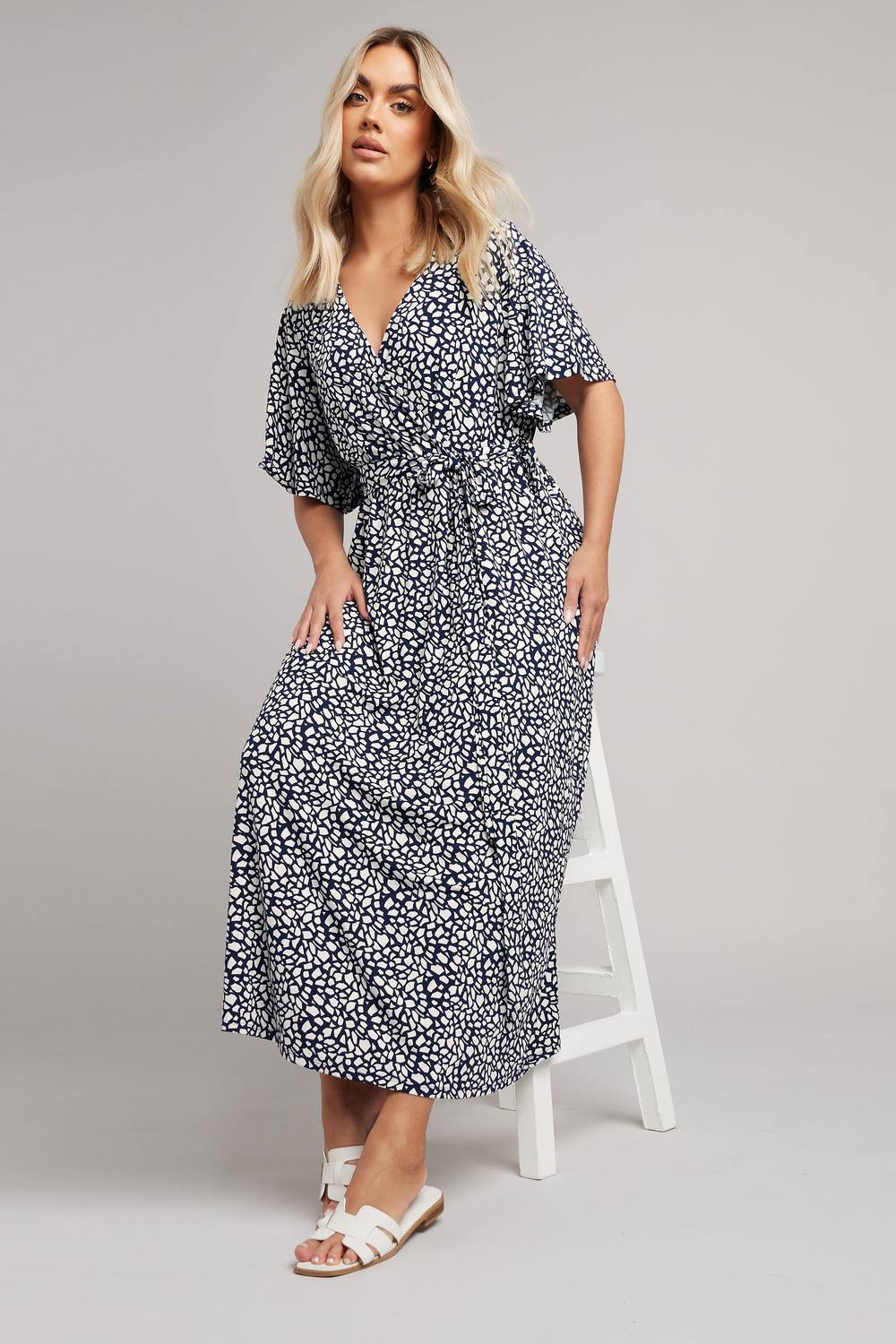 Yours Abstract Wrap Dress In Dark Navy