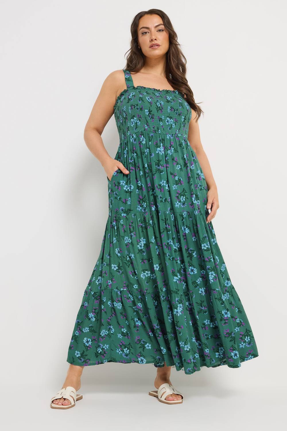 Yours Floral Shirred Dress In Dark Green