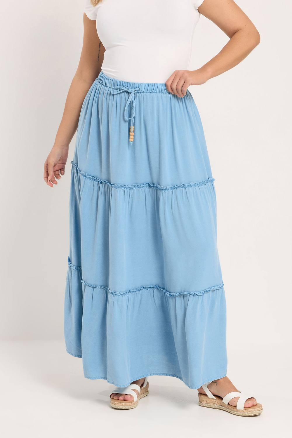Yours Chambray Tiered Maxi Skirt In Light Blue