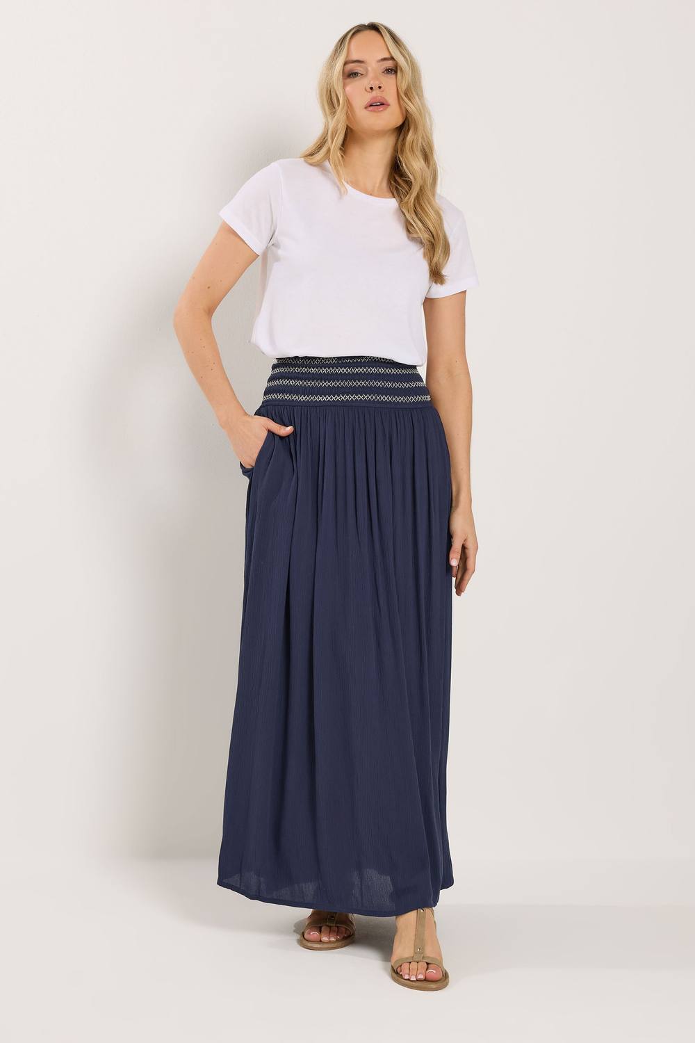 Long Tall Sally Tall Embroidered Waist Maxi Skirt In Dark Navy