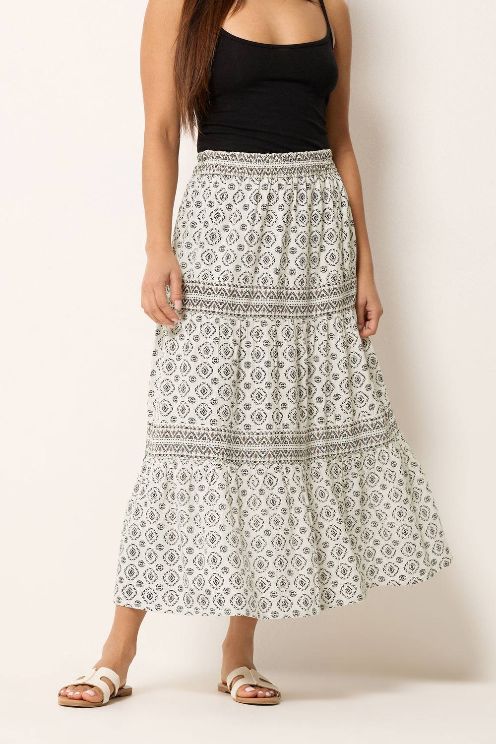 M&co Petite Aztec Tiered Maxi Skirt In Off White