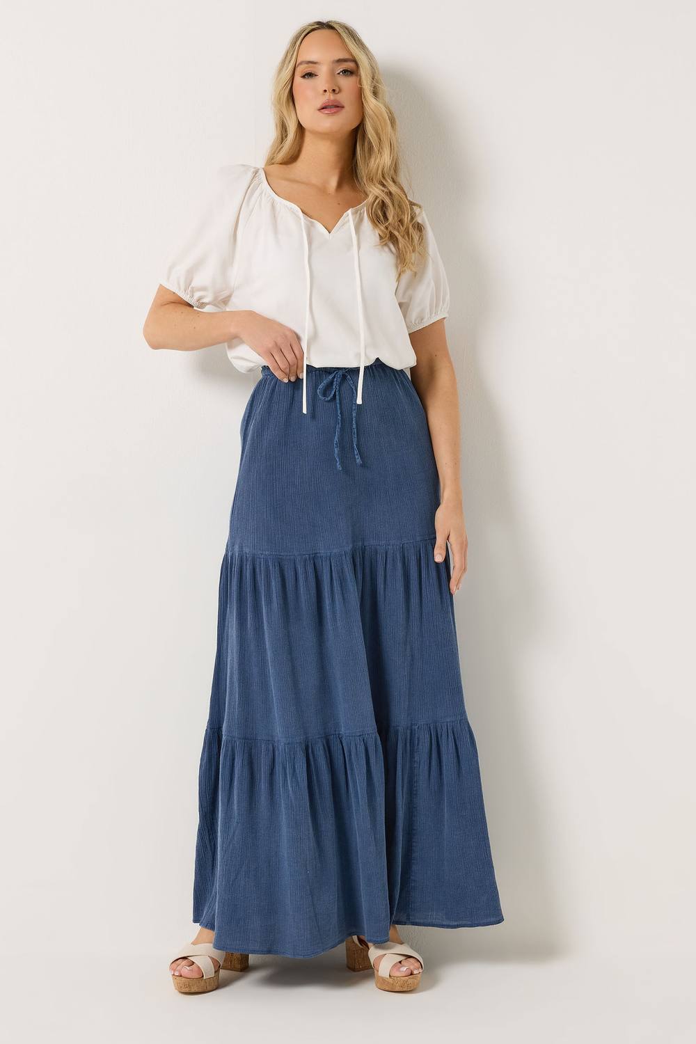 Long Tall Sally Tall Acid Wash Tiered Maxi Skirt In Dark Blue