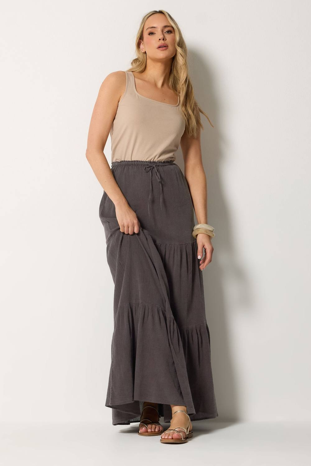 Long Tall Sally Tall Acid Wash Tiered Maxi Skirt In Chocolate