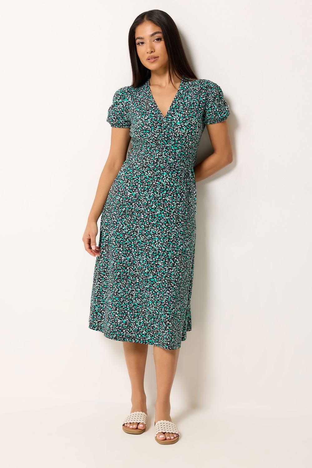 M&co Petite Floral Midi Wrap Dress In Black