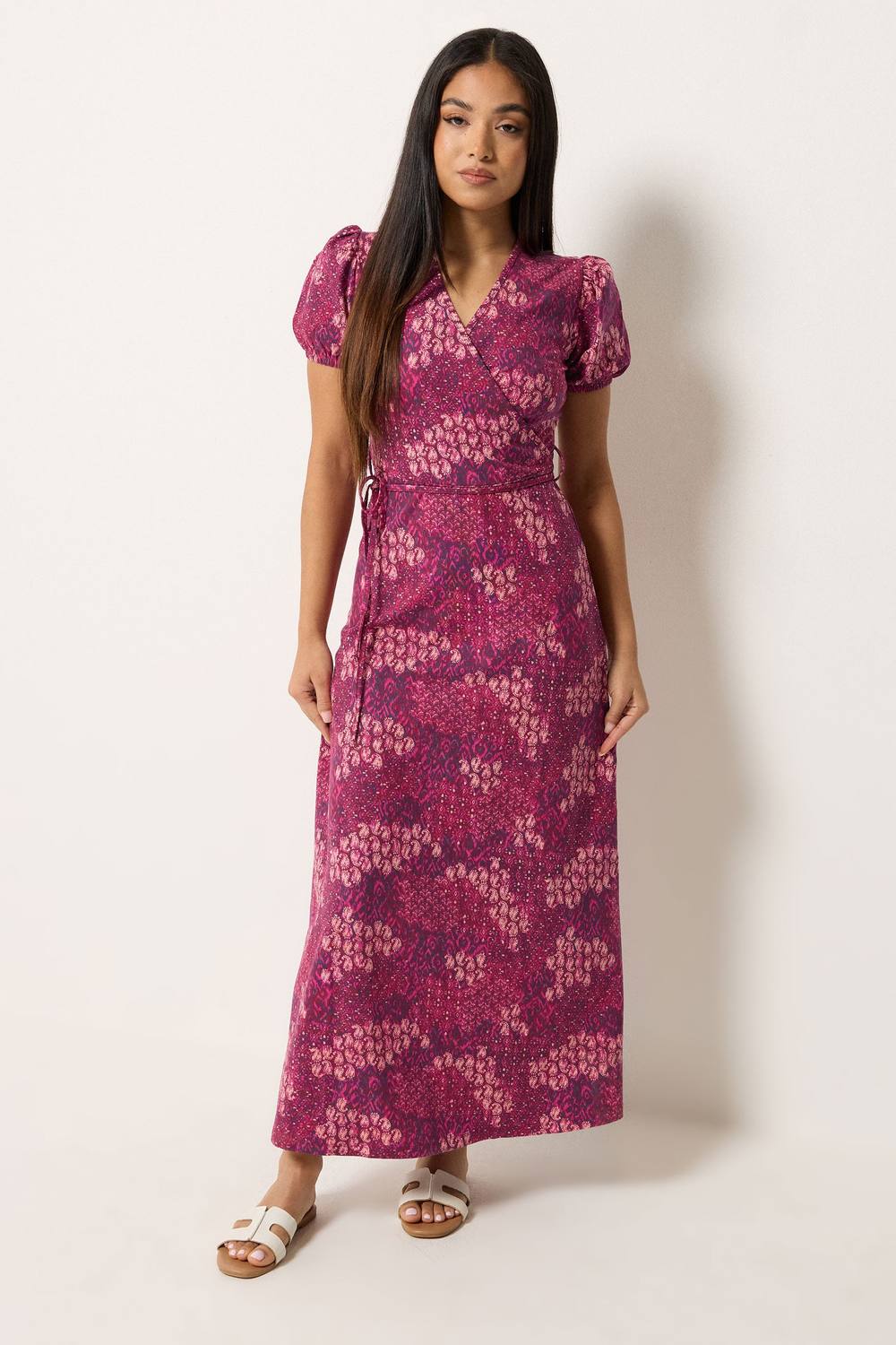 M&co Petite Abstract Maxi Wrap Dress In Pink