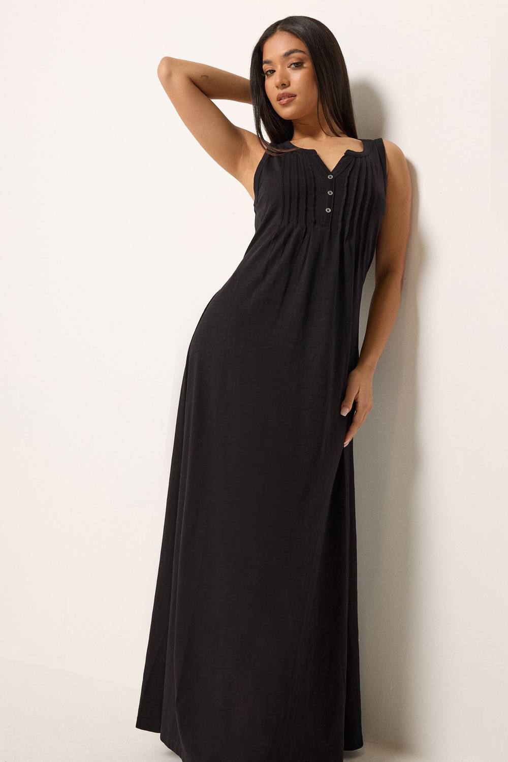 M&co Petite Cotton Henley Maxi Dress In Black