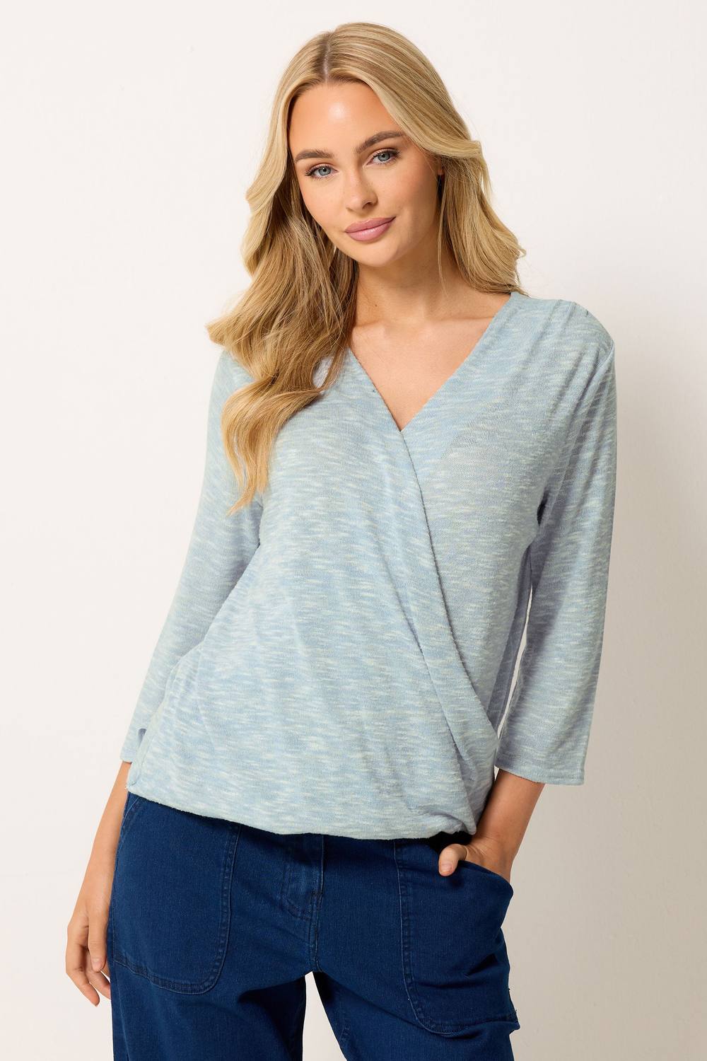 M&co Sleeve Wrap Top In Light Blue