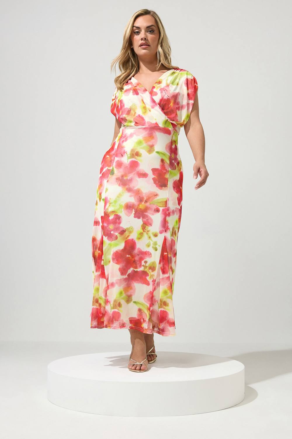Yours Floral Mesh Godet Hem Wrap Dress In White