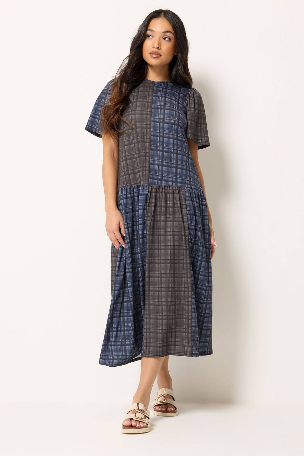 Pixiegirl Petite Check Midi Dress In Mid Navy