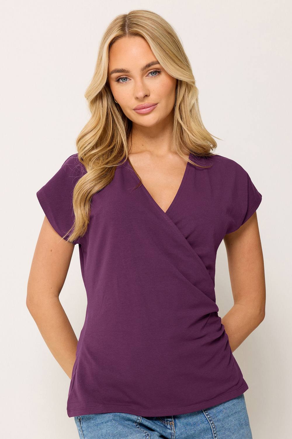 M&co Grown-On Sleeve Cotton Wrap Top In Plum