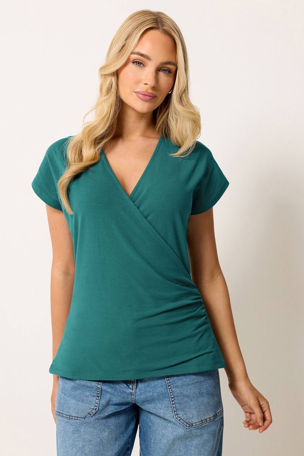 M&co Grown-On Sleeve Cotton Wrap Top In Teal