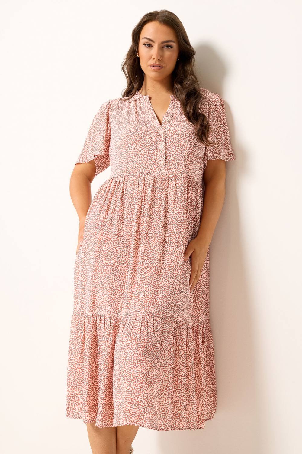 Yours Ditsy Floral Tiered Midi Dress In Pale Orange