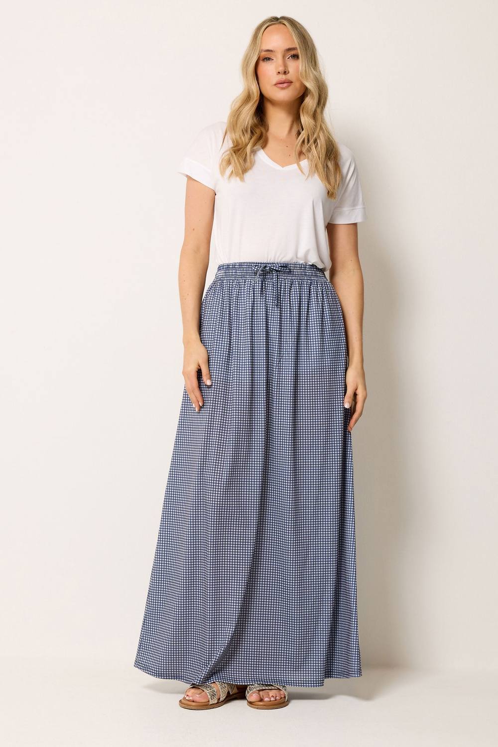 Long Tall Sally Tall Gingham Shirred Maxi Skirt In Mid Navy