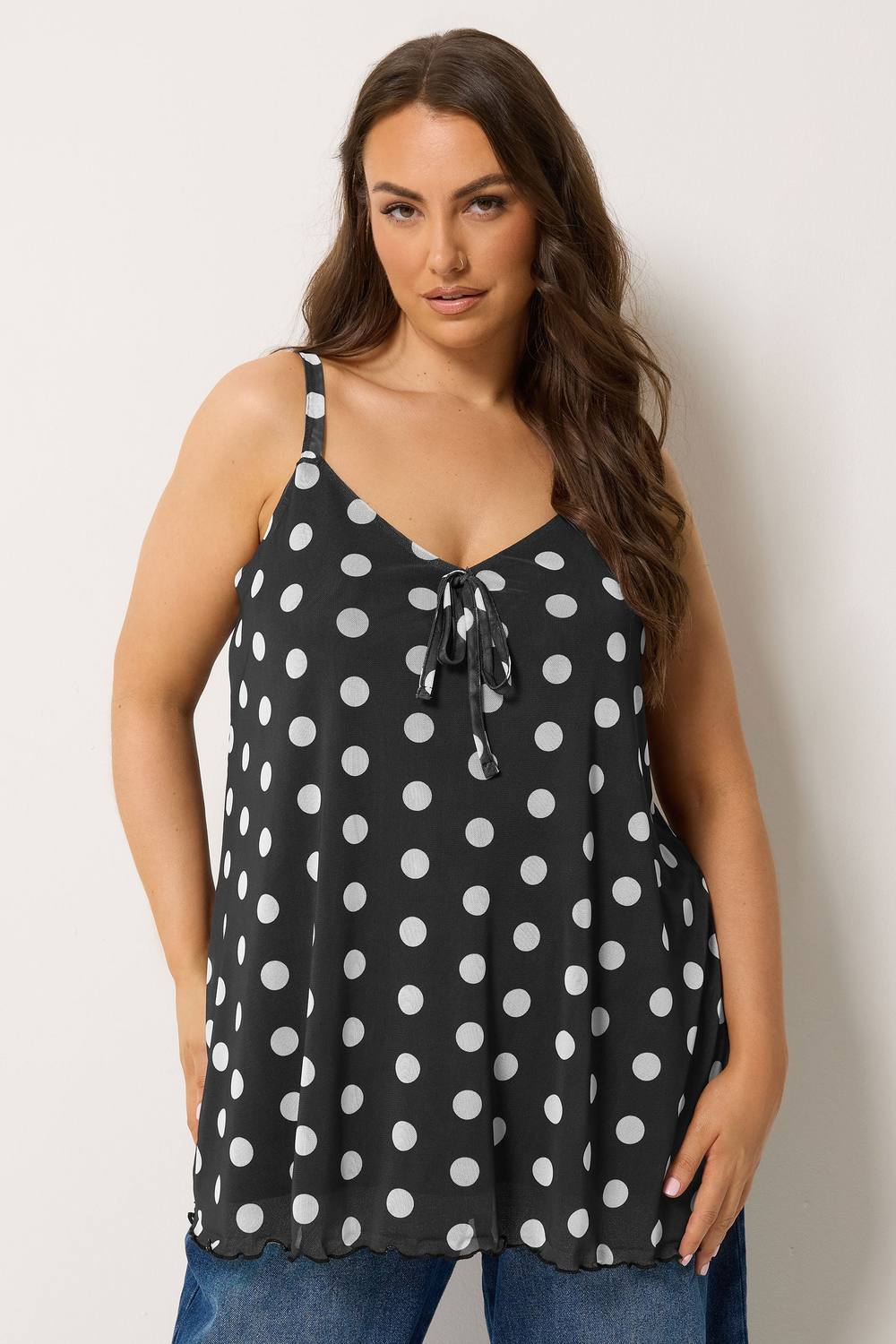 Yours Polka Dot Mesh Vest Top In Black
